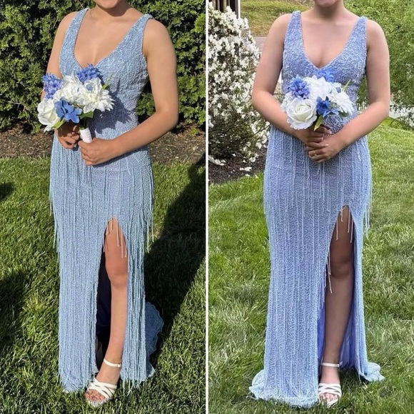 PRIMAVERA COTURE PERIWINKLE BLUE MAXI BEADED GOWN SIZE 18